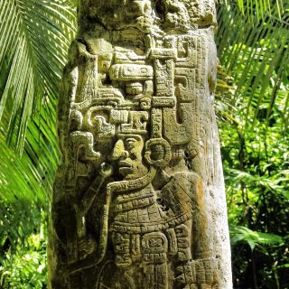 Eindrucksvolle Maya-Stele in Sayaxche im Urwald von Petén
