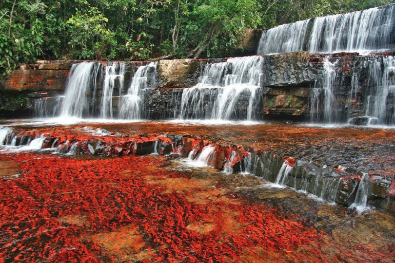 Der Jaspis-Wasserfall in der Gran Sabana, Venezuela: das Flussbett aus dem Halbedelstein Jaspis gibt dem Fluss die Farbe