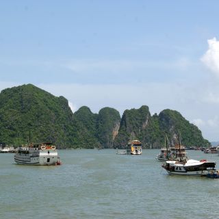 Die malerischen Halong-Bucht mit vielen Booten