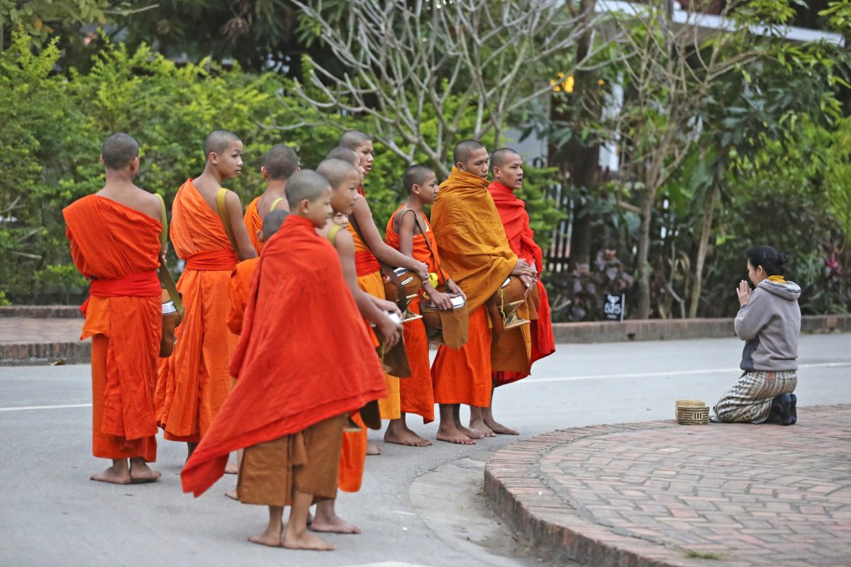 Mönche beim Almosengang am Morgen in Luang Prabang