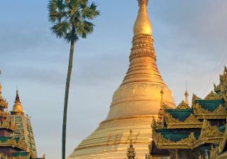 Die Shwedagon-Pagode im goldenen Morgenlicht