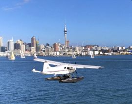 Wasserflugzeug über dem Hafen von Auckland