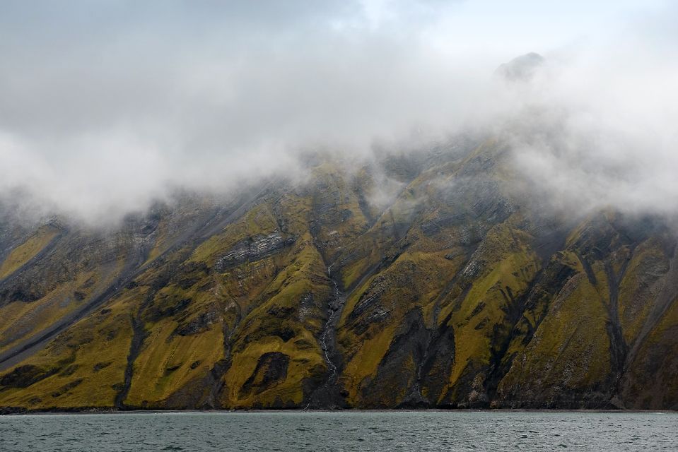 Nebelzerfetzte Sicht auf die verrückte Geologie im Bellsund