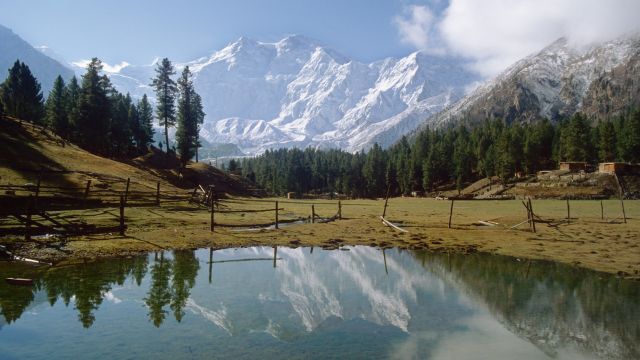 Der Nanga Parbat spiegelt sich im Gewässer auf der malerischen Märchenwiese.