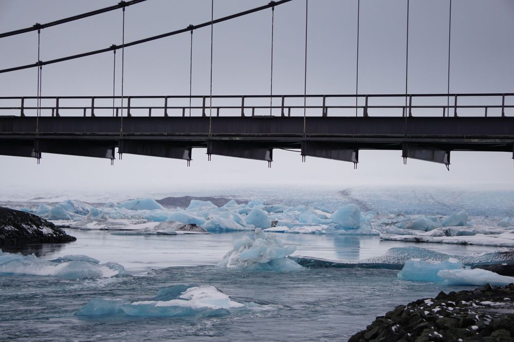 Die Eisberge der Gletscherlagune Jökullsárlón treiben direkt unter der Ringstraße durch