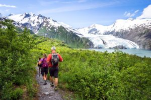 Wanderer beim Abstieg vom Portage Pass mit Blick auf den Portage-Gletscher