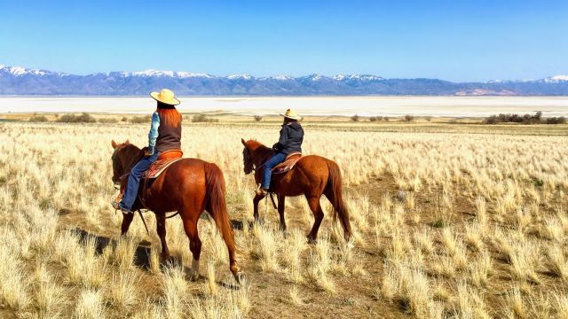 Zwei Reiterinnen auf Antelope Island, Utah