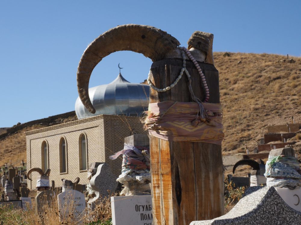 Auf dem Friedhof in Nohur tragen alle Gräber Gehörne von Bergziegen auf einem Holzpfahl
