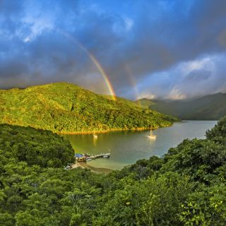 Natur pur in Neuseeland: Marlborough Sounds mit Doppelregenbogen