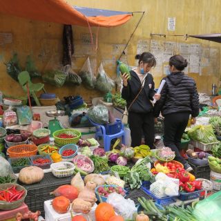 Einkaufen auf einem Markt in Hanoi für den gemeinsamen Kochkurs