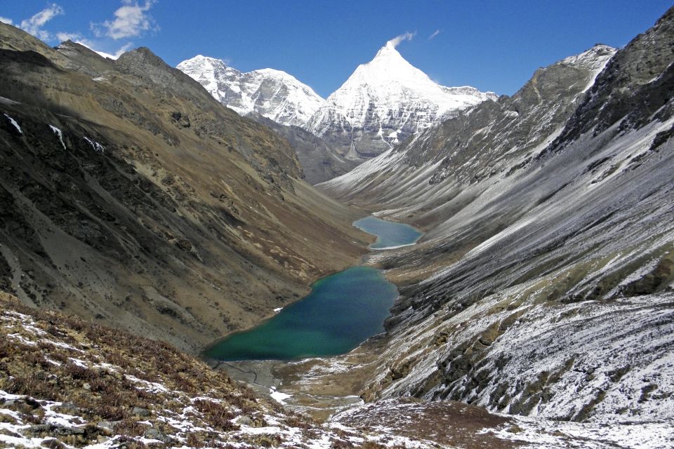 Blick auf Jomolhari (7320 m, links) und Jichu Drake (6990 m, rechts)