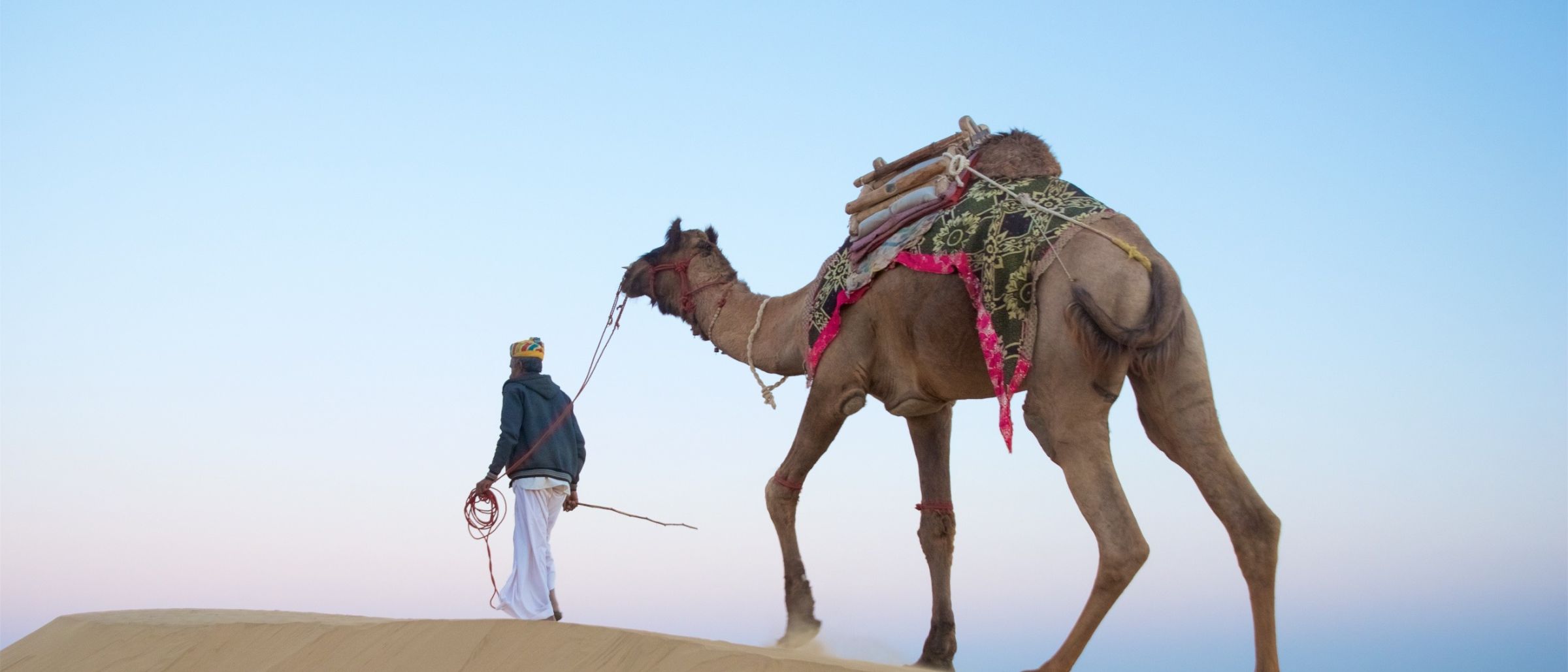Mann unterwegs mit Kamel in der Wüste Thar bei Jaisalmer