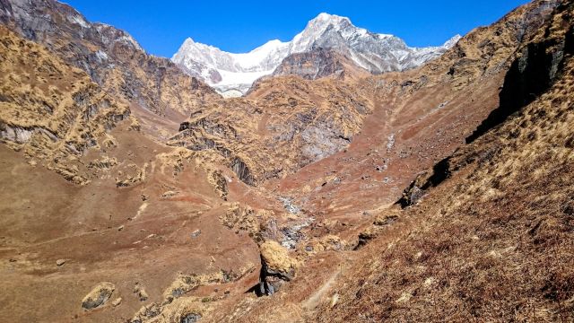 Unterwegs zum Rashi-Pass mit Blick auf Kap-Chuli und Gletscher