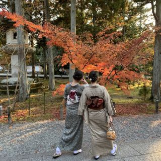 Japanerinnen in traditionellem Kimono im Garten einer Tempelanlage.
