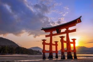 Great torii of Miyajima at sunset, near Hiroshima, Japan