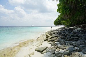 Unberüherter Strand mit türkisfarbenem Wasser auf den Malediven