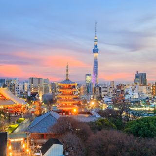 Blick auf Tokio skyline zum Sonnenuntergang in Japan