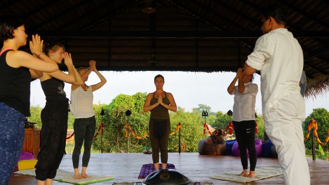 Die offene Yogahalle ermöglicht Ihnen Yoga und Meditation mit Blick auf den Löwenfelsen