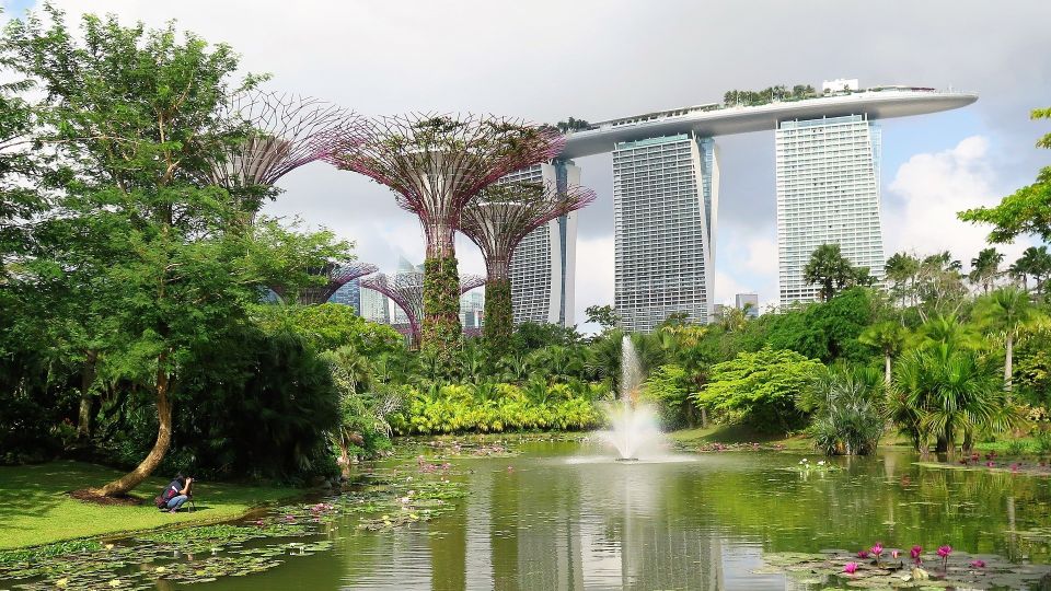 Blick auf die Supertrees im gardens by the Bay und das Marina Bay Sands in Singapur
